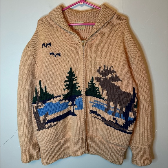 Vintage 60’s Cowichan Moose Nature Hand Knit Zip Up Sweater Talon Zipper Size XL - Picture 3 of 7